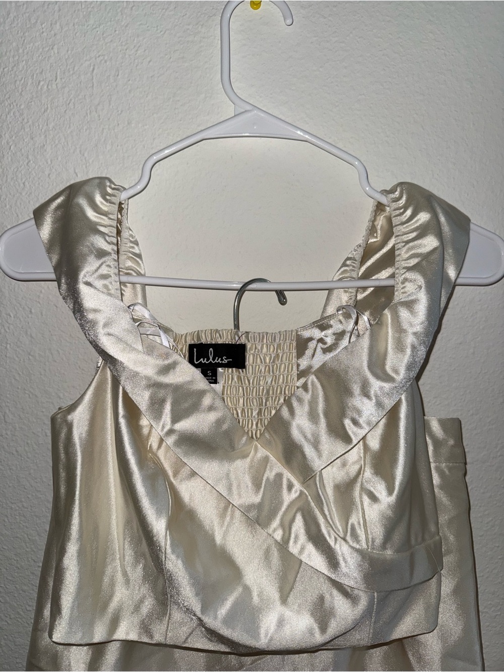 Lulu's Cream Satin Ruffle V-Neck top with skirt bottom